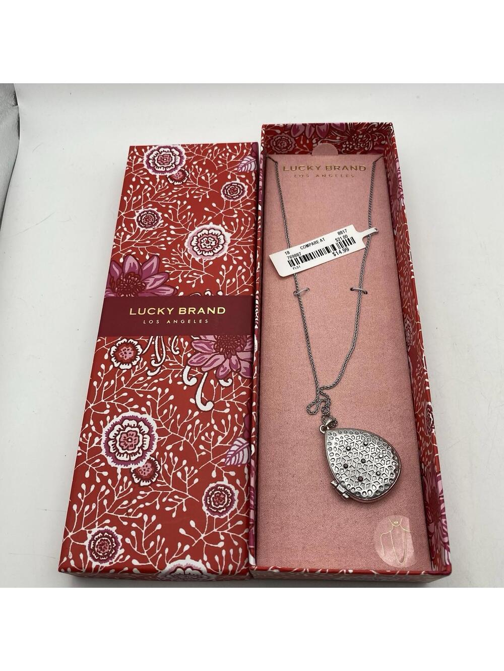 New In Box Vintage Lucky Brand Locket Crystal Embelished Silver Tone Necklace